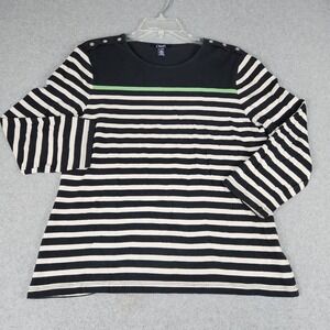 Chaps Top Womens XL Black White Striped Nautical Long Sleeve Button Shoulder